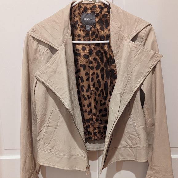 Kenna-T Classic Leather Moto Jacket Sz M Beige - Picture 3 of 8